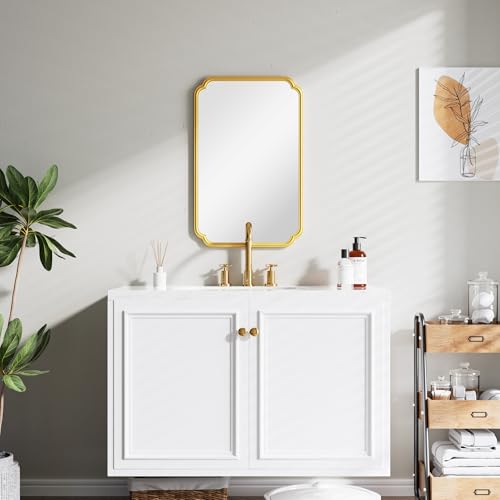Ferytange 22x34 Inch Gold Bathroom Mirror, Metal Framed Wall Mirror with Rounded Edges, Rustproof Horizontal Vertical Hanging for Vanity Over Sink - color: Gold, size: 34"L x 22"W