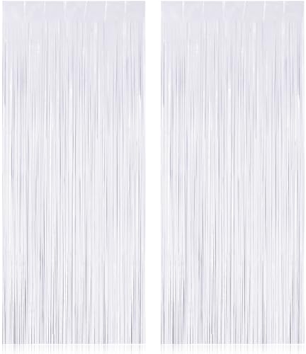 2 Pack Fringe Curtains Backdrops, Foil Fringe Curtains, Door Streamers for Birthday Wedding Bridal Shower Holiday Graduation Party Decorations, Photo Booth Backdrops, White - color: White