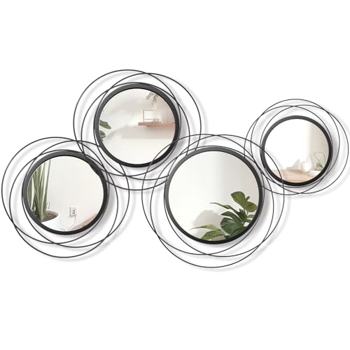 Hicarer 4 Pcs Decorative Round Modern Circle Mirror Wall Art Ring Metal Mirror Wall Mounted for Bedroom, Living Room, Entryway, Dining Room, Hallway (Black) - color: Black