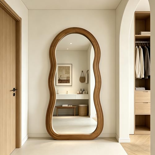 Wavy Full Length Mirror, 67"x31.5" Organic Floor Mirror with Triple-Layer Solid Wood Frame, Large Irregular Aesthetic Mirrors for Entryway Hallway Cloakroom Living Room, Leaning/Hanging - color: Natural Wavy Frame, size: 67"L x 31.5"W