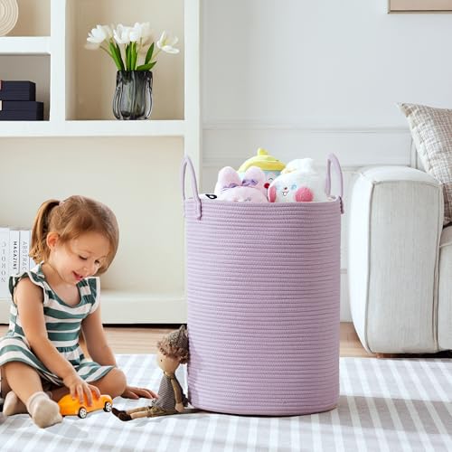 60L Large Purple Laundry Hamper Basket for Nursery Kids Tall Lavender Blanket Basket for Girls Cotton Rope Lilac Clothes Hamper in Bedroom 15Dx20H inches - color: Purple, size: Large (60L)
