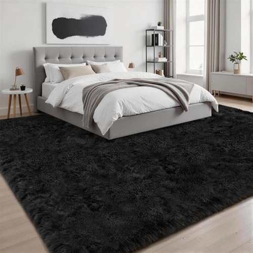 Fluffy Area Rugs 9x12 Living Room Bedroom: Ultra Soft Shag Rug Upgrade Non-Slip Non-Shedding Large Fuzzy Plush Carpet Indoor Floor Carpets for Kids Room Playroom Nursery Dorms Home Decor Black - color: Black, size: 9' x 12' (Rectangular)