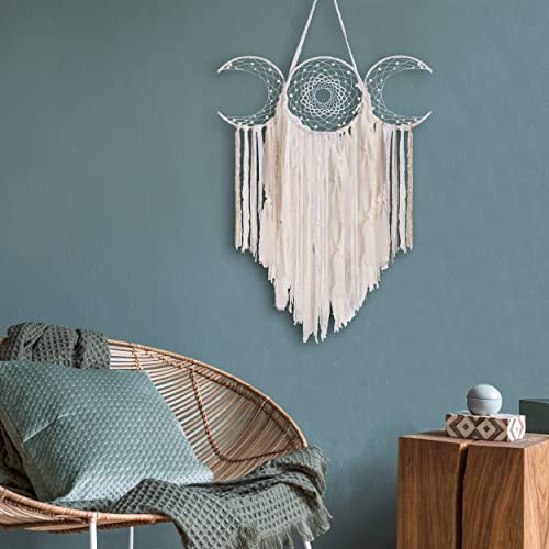 ANROYE White Triple Moon Goddess Macrame Wall Hanging, Boho Crescent Dream Catcher, Bohemian Dreamcatcher for Women Bedroom, Woven Tapestry-Witchcraft Gift, Pagan Decor for Adults Decoration - color: Lunar White
