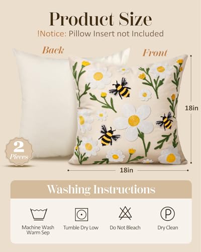 Embroidered Throw Pillow Covers 18x18 Inch - Set of 2 Summer Spring Boho Decorative Pillow Covers with Zipper for Living Room Couch Sofa Bed Aesthetic Design Flower Bee Cushion Pillowcases - color: Flower Bee, size: 18" x 18" (Pack of 2)