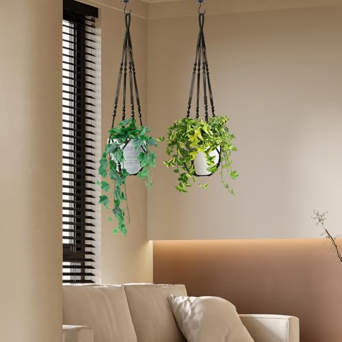 LEWESU Macrame Plant Hanger Indoor Set of 4 with 8 Hooks, Indoor Outdoor Hanging Planter for Plants Holder with Decorative Wood Beads & No Tassels, Boho Home Decor, 35 Inch Black (Pots Not Included) - color: Black, size: 35" Set of 4