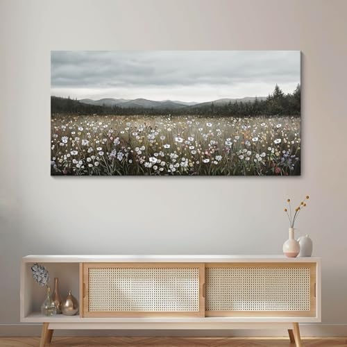 HGUAOA Vintage Landscape Wall Art for Bedroom and Living Room - Large Floral Artworks Farmhouse Wall Decor - Framed Neutral Nature Pictures - Above Bed Decor with Mountain Scenery 24×48IN - color: Vintage, size: 48"L x 24"W