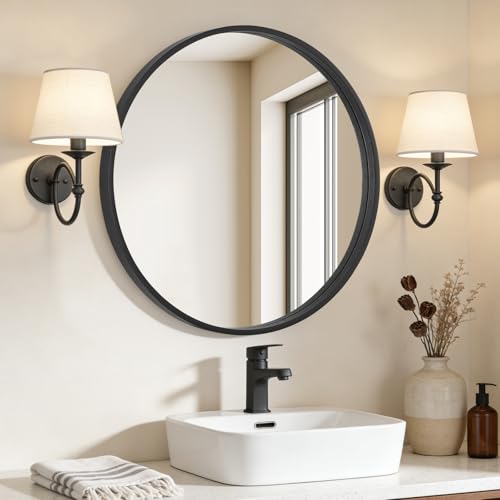 WallBeyond Black Round Mirror Wood Framed 28 inch Circle Wall Mirror for Bathroom Round Wall Mirror for Wall Decor, Vanity, Entryway Living Room - color: Black, size: 28"L x 28"W