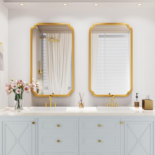 Ferytange 26"x40" Rustproof Bathroom Mirror Gold, Round Corner Metal Frame Wall Mirror, Horizontal/Vertical Hanging Over Sink, Bedroom Bathroom Decor - color: Gold, size: 40"L x 26"W