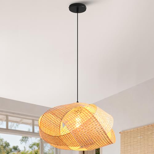 Bohemia Chandelier Light for Dining Room, Woven Bamboo Pendant Light, Hand-Woven Rattan Boho Ceiling Light for Kitchen Island Bedroom, Natural Wood Hanging Lamp with 47.2" Adjustable Cord - color: D3051