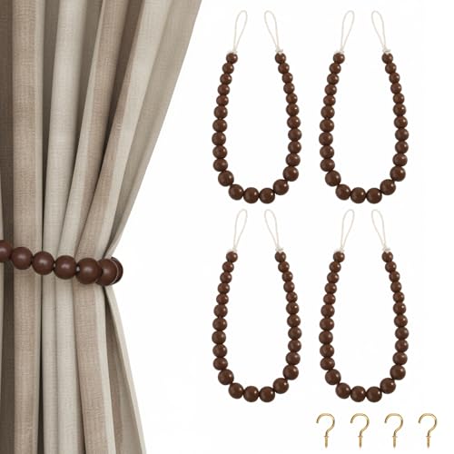 Hion 4 Pcs Boho Curtain Tiebacks,Wood Beads Curtain Holdbacks,Outdoor Farmhouse Tie Backs for Curtains,Curtain Holders for Drapes Home Office Room Decor with Hooks(Coffee) - color: Coffee, size: 4 Pack