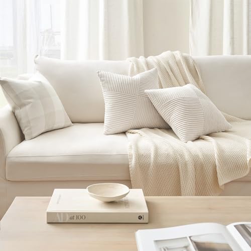Topfinel Set of 2 Cream White Decorative Throw Pillow Covers 16x16 Inch for Couch Sofa Bed, Soft Corduroy Striped Patchwork Windmill Textured Square Cushion Covers Boho Accent Home Decor 40x40 cm - color: Cream, size: 16" x 16" (Pack of 2)