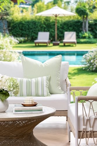 Hofdeco Premium Coastal Hampton Outdoor Performance Throw Pillow Cover Only, 22"x22" Water Repellent, UV and Fade Resistant for Backyard, Couch, Poolside, Grass Green Woven Coastline Stripes - color: Grass Green Coastline Stripes 22"x22"