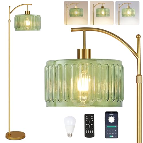 QIYIZM Glass Floor Lamp for Living Room,Bedroom,Gold Dimmable Standing Lamp with Remote,Mid Century Modern Brass Tall Lamp Boho Vintage Retro Floor Lamps Arc Green Flower Floor Light Lamp Bohemian - size: 25-Floor Lamp