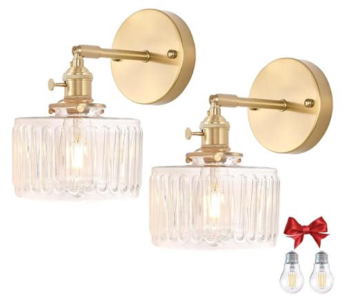 2 Pack Vintage Wall Sconces, Striped Glass Shade Wall Lamp with 2 Natural Light Bulbs, Hardwired Design with Rotary Switch, Decorative Light for Bedroom Hallway Living Room - color: Clear 2pcs Ribbed Glass Wall Light