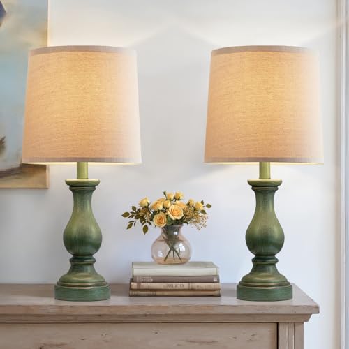 Seealle Farmhouse Table Lamps Set of 2 - Rustic Lamp for Bedroom Living Room, 22" Boho Bedside Lamps for Night Stands End Table Office Desk Lamp Nightstand with Linen Shades(Antique Green) - color: E. Antique Green