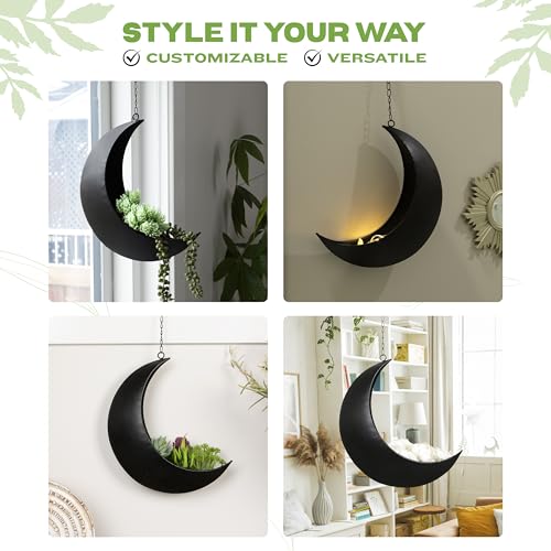 Black Hanging Moon Planter with Drain Holes - Moon Room Decor - Unique Planters for Succulents,Air Plant, Cactus, Artificial Plants- Plant Lover Gifts - Boho,Hippie, Birthdays,Witchy Gifts for Women - color: Black Moon With Drain Holes