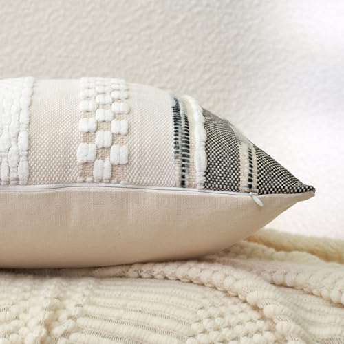 Aeckself Boho Throw Pillow Covers 18x18 Inch Set of 2, Farmhouse Decorative Striped Square Pillow Covers Chenille Tufted Pillow Cases Accent Neutral Pillowcase for Living Room Couch Bed, Gray - color: Gray