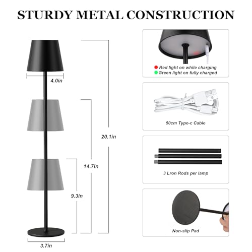 Kakanuo 20" Cordless Table Lamp Rechargeable Black - 2 Pack 5000mAH Battery Operated Lamp for Counter, 3 Color Stepless Dimming Wireless Lamp for Dining Kitchen, Outdoor Patio, Touch Control - color: Black 1, size: 2 Pack 20in - Down Light