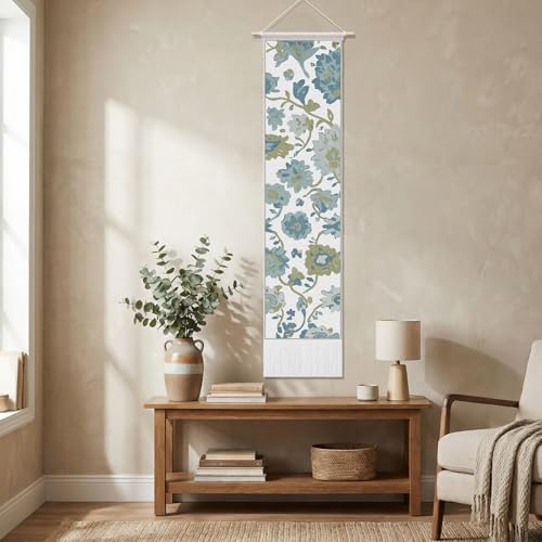 Gilprop Vintage Vertical Tapestry, Wall Hanging Decor, 52 x 13 Inch Rectangle Oushak Boho Blue Turkish Long Reference Illustrative Botanical Tassel Tapestry for Living Room Bedroom Office Home