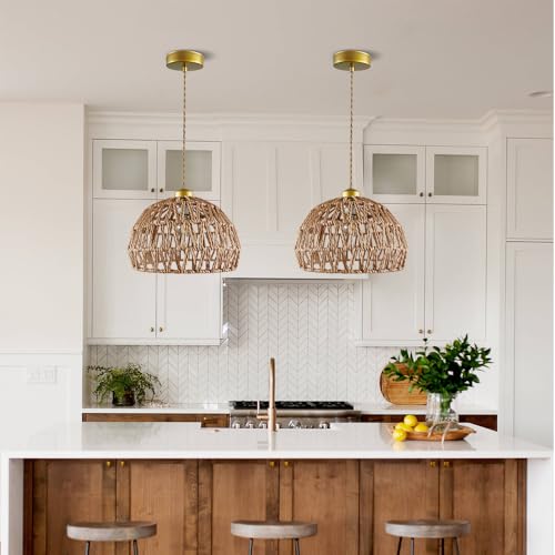 Boho Rattan Pendant Light, Adjustable Hanging Light Fixture with Natural Woven Shade, E26 Base Compatible for Kitchen Island, Bedroom, Living Room (Bulb Not Included) - color: 9.8”hemispherical shaped