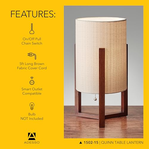 Adesso Quinn Table Lantern - Walnut Birch Wood & Natural Linen Shade – Perfect Nightstand, End Table, and Desk Lamp
