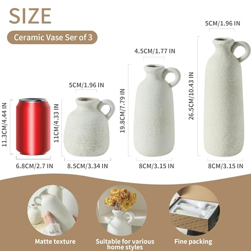 Ceramic Vase Set of 3 with Handle, Neutral Rustic Vases Home Decor Farmhouse Decorative Vase Whitewashed Pottery Decor Modern for Table Mantel Entryway Bookshelf Living Room Kitchen Bedroom - White - color: 010 Vase Set With Handle - White