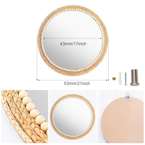21 Inch Boho Round Hanging Wall Mirror Decorative Rattan Circle Wall Mounted Mirror for Farmhouse, Living Room, Bedroom, Bathroom - color: 21 Inch Wood