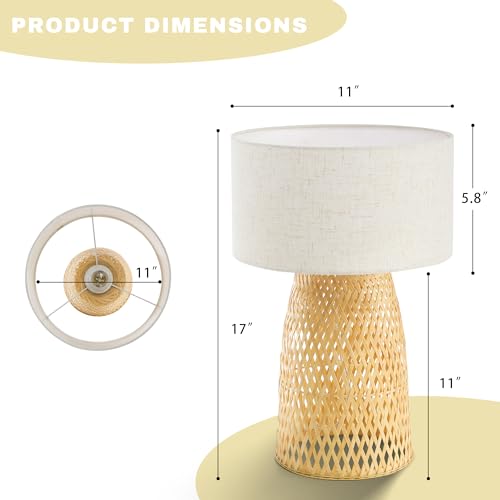 Boho Bamboo Table Lamp, Handwoven Bedside Lamp with Linen Shade, Small Natural Weave Nightstand Light for Living Room, Tea Room, Desk,Beige - color: Beige