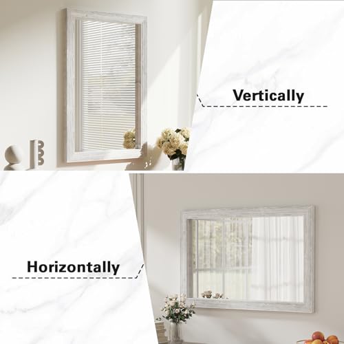ULIKE Wood Mirror for Bathroom, Farmhouse Mirror with Rustic Frame, 24x36 Inch White Vanity Mirrors for Wall Decor of Bedroom or Living Room, Vertical or Horizontal Hanging, Rectangle - color: Antique White