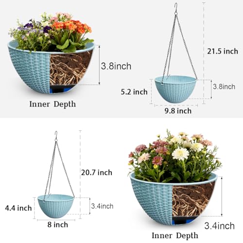 RooTrimmer Hanging Planters for Outdoor Plants 8/10 Inch, 4 Packs Hanging Flower Pot Indoor with Drainage Holes, Self-Watering Hanging Basket Perfect for Home, Office and Garden (Sky Blue) - color: Sky Blue, size: 2p*8"+2p*10"