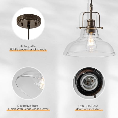 WILON Pendant Lights Kitchen Island Lighting, 11" Rust-Coloured Farmhouse Hanging Light Fixture, Kitchen Pendant Lighting Over Island Clear Glass Shade for Dining Hallway Entryway Bar - color: Rust-Colo