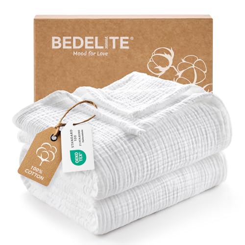 BEDELITE 100% Cotton Muslin Blankets for Adults - 4-Layer Queen Size Breathable and Lightweight Gauze Blanket for Couch, Bed, Travel and Summer, Soft & Cozy Gift for Women, White, 90"x90" - color: White, size: Queen(90"x90")