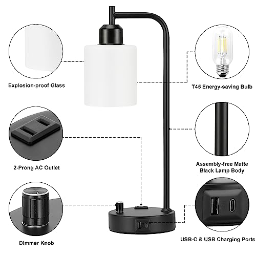 Industrial Bedroom Lamps for Nightstand Set of 2 - Fully Dimmable Bedside Lamps with USB A C Ports and Outlet, Black Table Lamps with Opal Glass Shade for Living Room, Desk Lamps for Office Reading - color: Opal