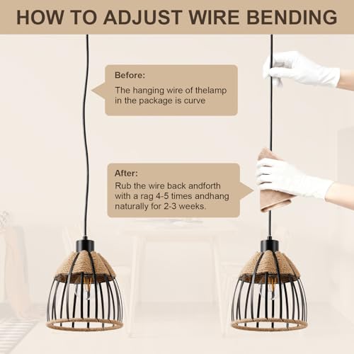 OCIOC Mini Hemp Rope Woven Pendant Light, Boho Chanderlier Light Fixture, 6.9 Inch Farmhouse Rattan Adjustable Height Hanging lamp for Kitchen Island Bedroom, Dining Room, Living Room, Entryway, Foyer - size: 5.5