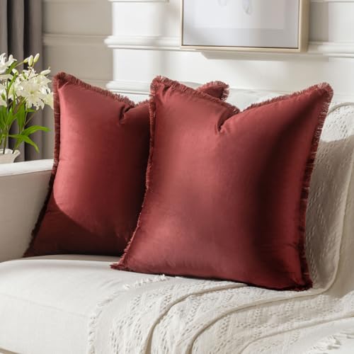 FUTEI Burgundy Velvet Decorative Throw Pillow Covers 18x18 Set of 2,Soft Cozy Edge with Tassels Cushion Case,Boho Modern Home Decor for Couch Bed Living Room - color: Burgundy, size: 18" x 18" (Pack of 2)