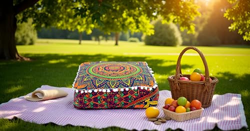 INDIAN CRAFT CASTLE ICC Floor Pillows & Cushion Covers Decorative Hippie Mandala Pouf Pillow Covers Seating Meditation Cushion Cover Large Boho Ottoman Case Pillowcase Couch New Blue, 16" Square - color: New Blue, size: 16"D x 16"W x 5"H