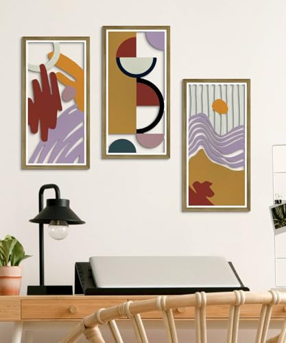 Putuo Decor Geometric Abstract Wall Art Set of 3, Mid Century Modern Decor Vintage Wall Art, Framed Artwork Cut-Out Panels in Earthy Tones and Rustic Design for Living Room Bedroom Office - color: Rustic Abstract Design