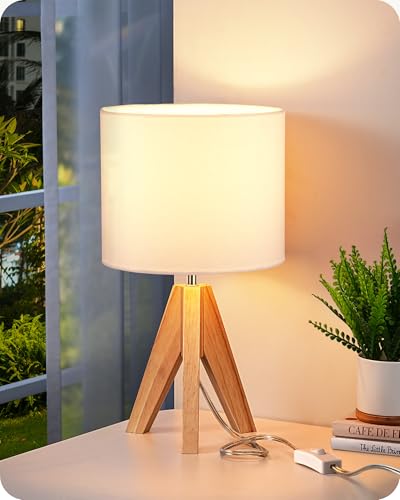 EDISHINE Small Cute Table Lamp, Wood Tripod Nightstand Lamp, Mid Century Bedside Lamp with Linen Fabric Shade for Nursery, Living Room, Bedroom, End Table, UL Listed, 14.2 Inch, ON/Off Switch - style: Art Deco