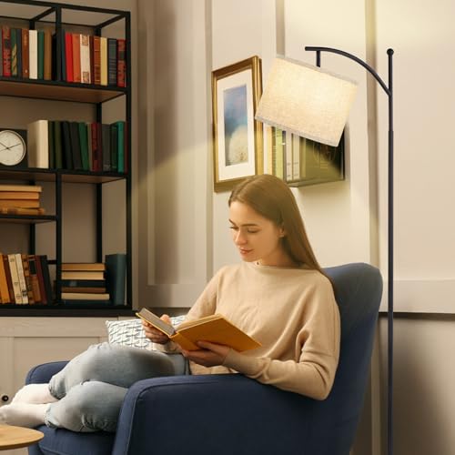 Ambimall 60" Floor Lamp for Living Room with 3 Color Temperatures, Adjustable Grey Shade with Black Pole, Tall Lamp for Bedroom Office Classroom Dorm Room, 9W Bulb Included - color: Grey & Black