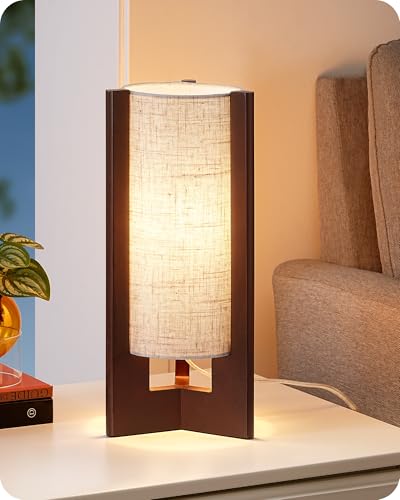 EDISHINE Wood Table Lamp, 13.5" Small Bedside Lamp, Beige Linen Shade, Rosewood Cylinder Nightstand Lamp for Bedroom Living Room, On-Off Line Switch, E26 Base (Bulb Not Included) - color: Dark Walnut Color