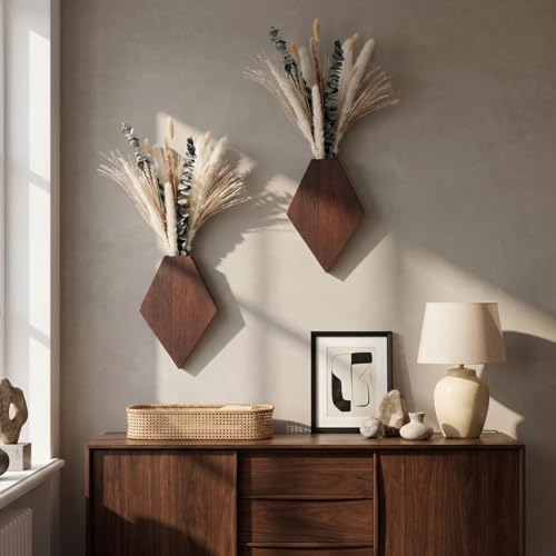 2 Pcs Bohemian Wooden Wall Planter Set with Pampas Grass Modern Farmhouse Wall Decor for Living Room, Bathroom, Bedroom, Office(Brown,Natural Style) - color: Brown, style: Natural Style