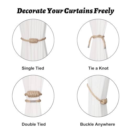 BEL AVENIR Magnetic Jute Curtain Tiebacks, Decorative Drapery Holdbacks Bohemian Style Woven Tie-Backs with Exquisite Knot (Jute, 6 Pack) - color: Jute, size: 6 Pack