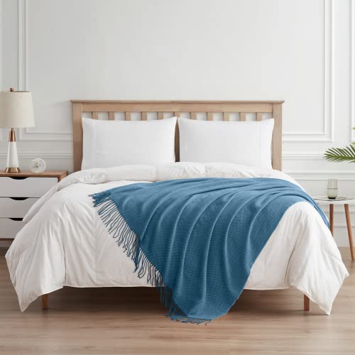BOURINA Herringbone Two Tone Throw Blanket Faux Cashmere Fringe Soft Lightweight Cozy for Bed Couch Decorative Throws Blanket, Spa Blue, 50" x 60" - color: Spa Blue, size: 50"x60"