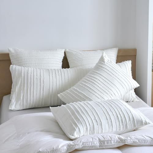 Standard Pillow Shams 2 Pack, Standard Size Pillowcases, Soft Microfiber Geometric Striped Tufted Pillow Covers with Envelope Closure, Ivory, 20x26 Inches - color: Ivory-stripe, size: Standard(20*26)