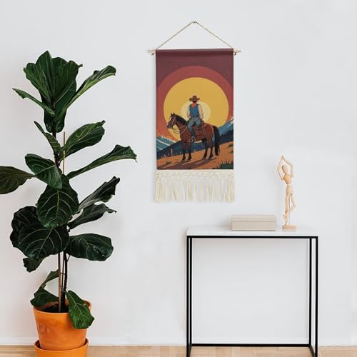 QMNBTES West Cowboy Wall Tapestry with Tassels Long Tapestry Wall Hanging Vertical Custom Tapestries Aesthetic Hanging Tapestries Boho Wall Art Decoration for Bedroom Living Room Dorm 19.6x10 Inch