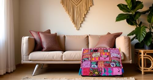 CRAFT KALA Indian Square Patchwork Traditional Pouf Cover Indian Living Room Poufs Decorative Embroidered Designer Ottoman Home Living Footstool Chair Cover Decor Pillow Cover 18x18x5 inches, Pink - color: Pink, size: 18"D x 18"W x 5"H