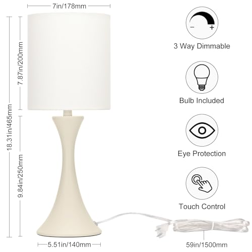 Seaside village Dimmable Bedside Lamp, 3 Way Touch Control Table Lamp, Modern Nightstand Lamp with Beige Shade and Cream Base, Small Desk Lamp for Living Room, Dorm, Home Office, 9W LED Bulb Included - color: Cream Base with Beige Shade