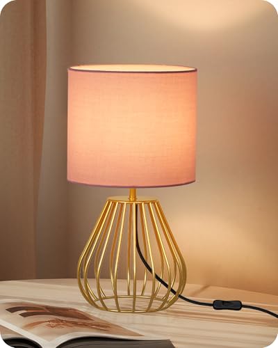 Pink and Gold Table Lamp, Small Bedside Lamp with Metal Base & Pink Linen Lampshade, Modern Nightstand Lamp, Little Cute Desk Lamp for Girl Kid's Room, 2700K LED Bulb Included, DP06TL05 - color: Pink + Gold