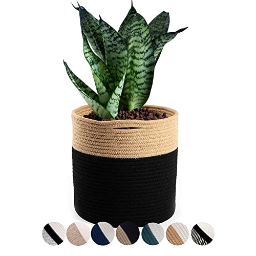 Woven Cotton Rope Plant Basket for 10.5" Flower Pot Floor Indoor Planters Flower Pot, Home Decor Storage Organizer H11 x W11 Black&Brown - color: Brown Black, size: W 11"x H 11"