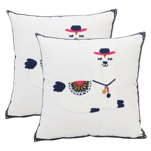 Pack of 2 Embroidered Decorative Throw Pillow Cover 18x18 Inch Farmhouse Floral Pillowcase for Living Room Sofa Bed (Cute Llama) - color: Cute Llama